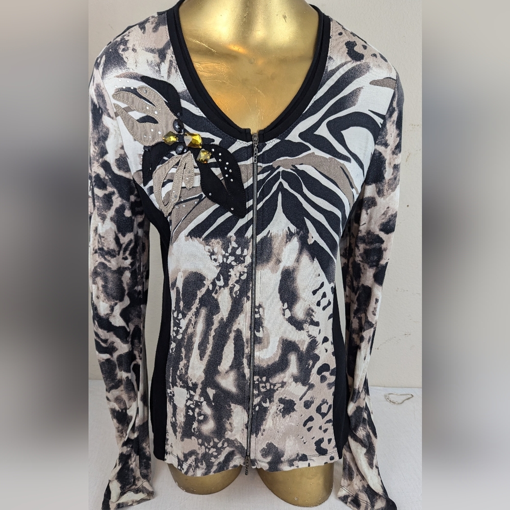 Frank Walder Vintage Animal Print Front Zip Embellished Cardigan Medium